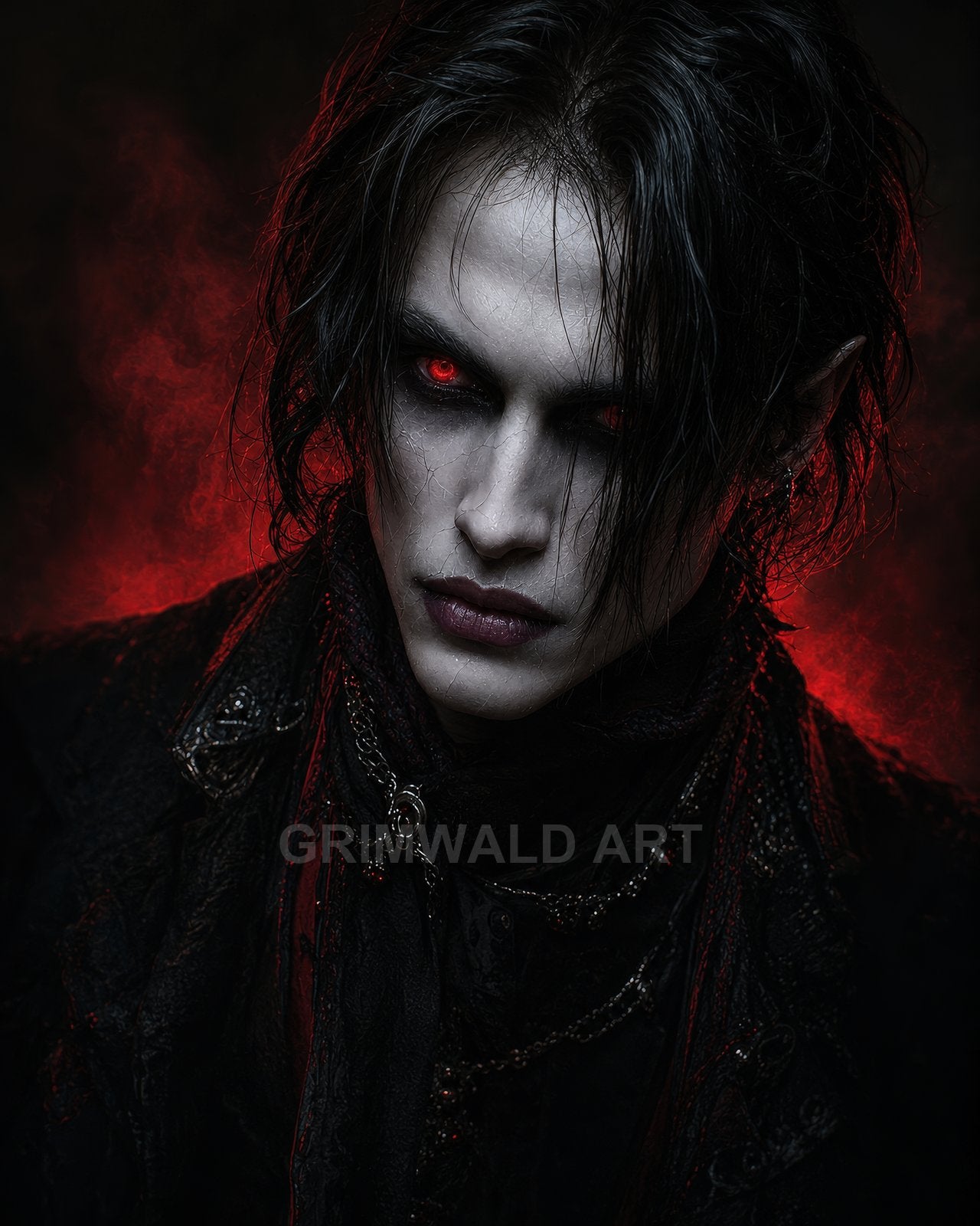 Gothic close-up portrait of an androgynous vampire with glowing red eyes, pale cracked skin, black hair and ornate dark clothing against red mist.