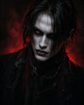 GRID THUMBNAIL — Gothic close-up portrait of an androgynous vampire with glowing red eyes, pale cracked skin, black hair and ornate dark clothing against red mist.