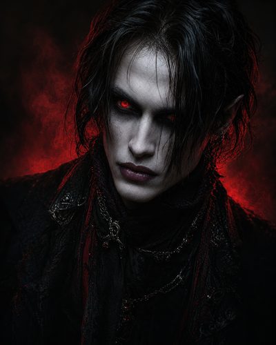 GRID THUMBNAIL — Gothic close-up portrait of an androgynous vampire with glowing red eyes, pale cracked skin, black hair and ornate dark clothing against red mist.