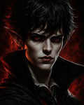 GRID THUMBNAIL — Brooding vampire with red eyes and pointed ears wearing a high-collared black cloak, lit by a red backlight against a dark background.