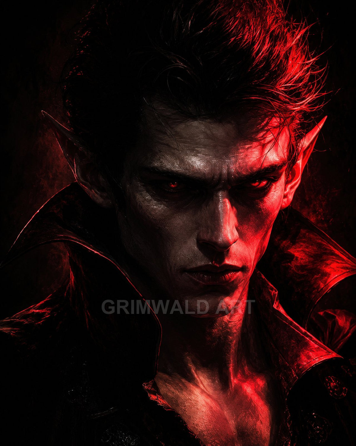 Close-up portrait of a male vampire with pointed ears and glowing red eyes, firelit in deep red and black, wearing a high-collared coat.