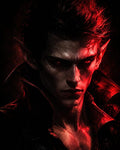 GRID THUMBNAIL — Close-up portrait of a male vampire with pointed ears and glowing red eyes, firelit in deep red and black, wearing a high-collared coat.