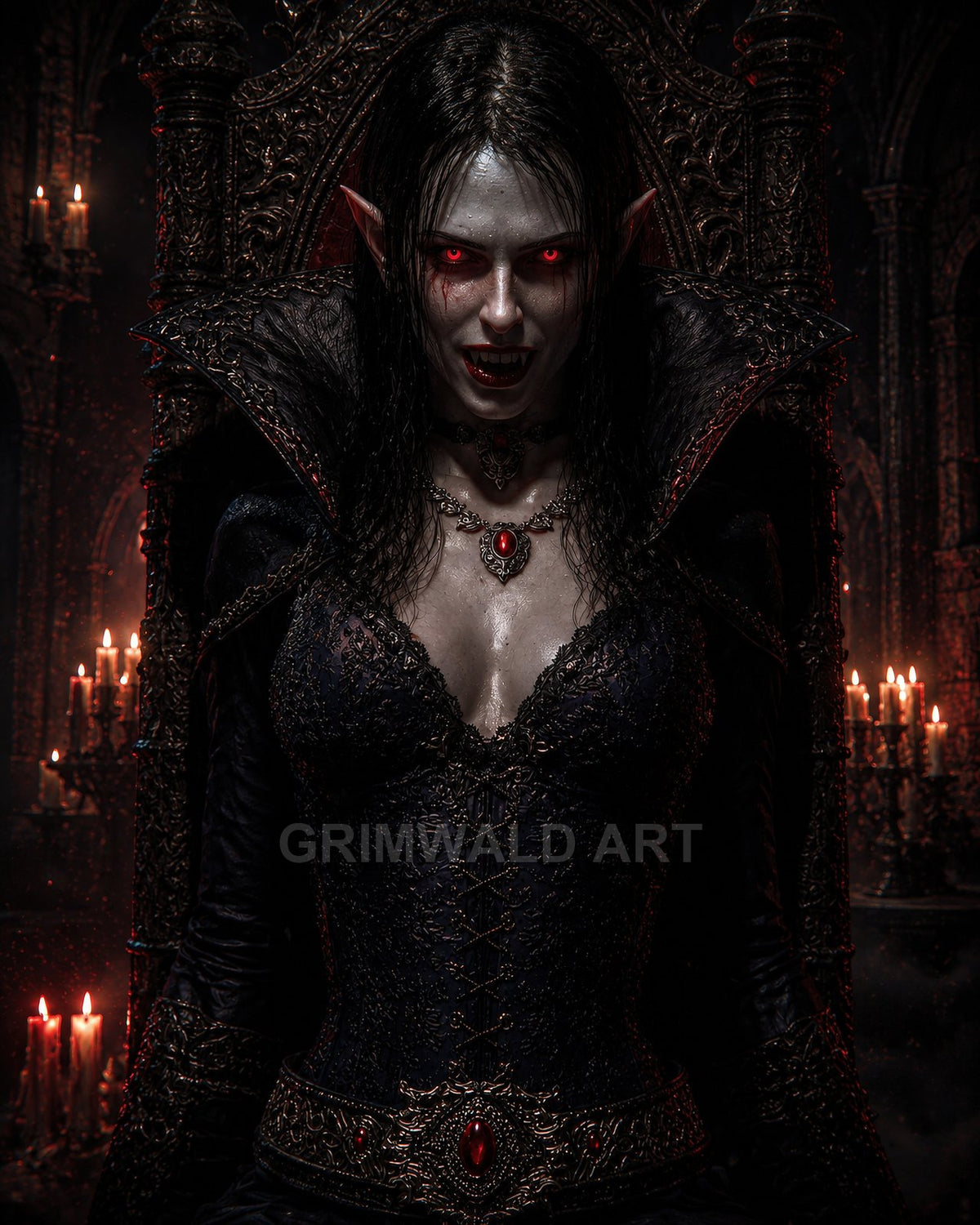 Vampire queen with glowing red eyes and fangs sits on an ornate throne in a candlelit gothic cathedral, wearing dark jewelled attire.