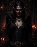 GRID THUMBNAIL — Vampire queen with glowing red eyes and fangs sits on an ornate throne in a candlelit gothic cathedral, wearing dark jewelled attire.