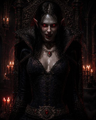 GRID THUMBNAIL — Vampire queen with glowing red eyes and fangs sits on an ornate throne in a candlelit gothic cathedral, wearing dark jewelled attire.
