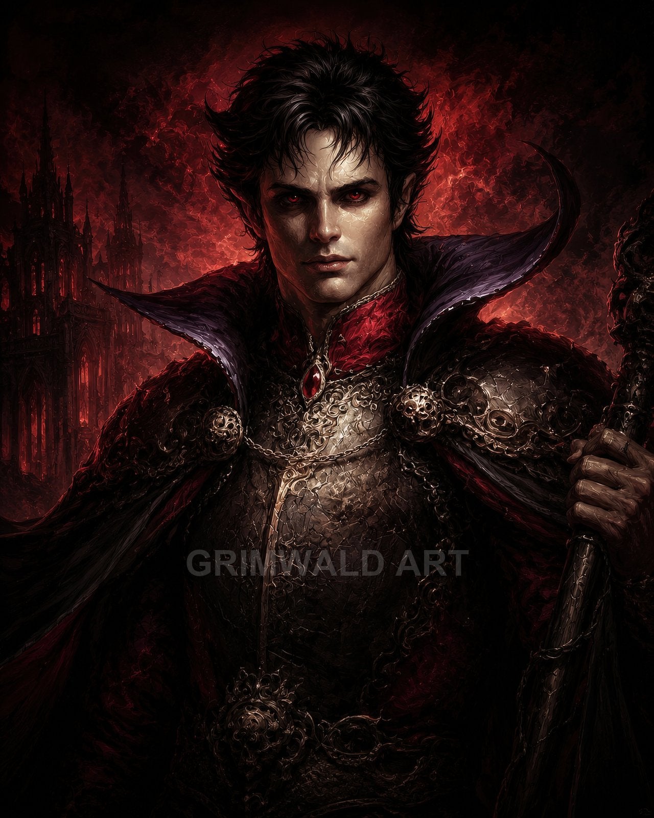 Armoured male vampire with red eyes and high collar holds a staff before fiery sky and gothic spires, lit by red firelight.