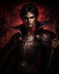 GRID THUMBNAIL — Armoured male vampire with red eyes and high collar holds a staff before fiery sky and gothic spires, lit by red firelight.