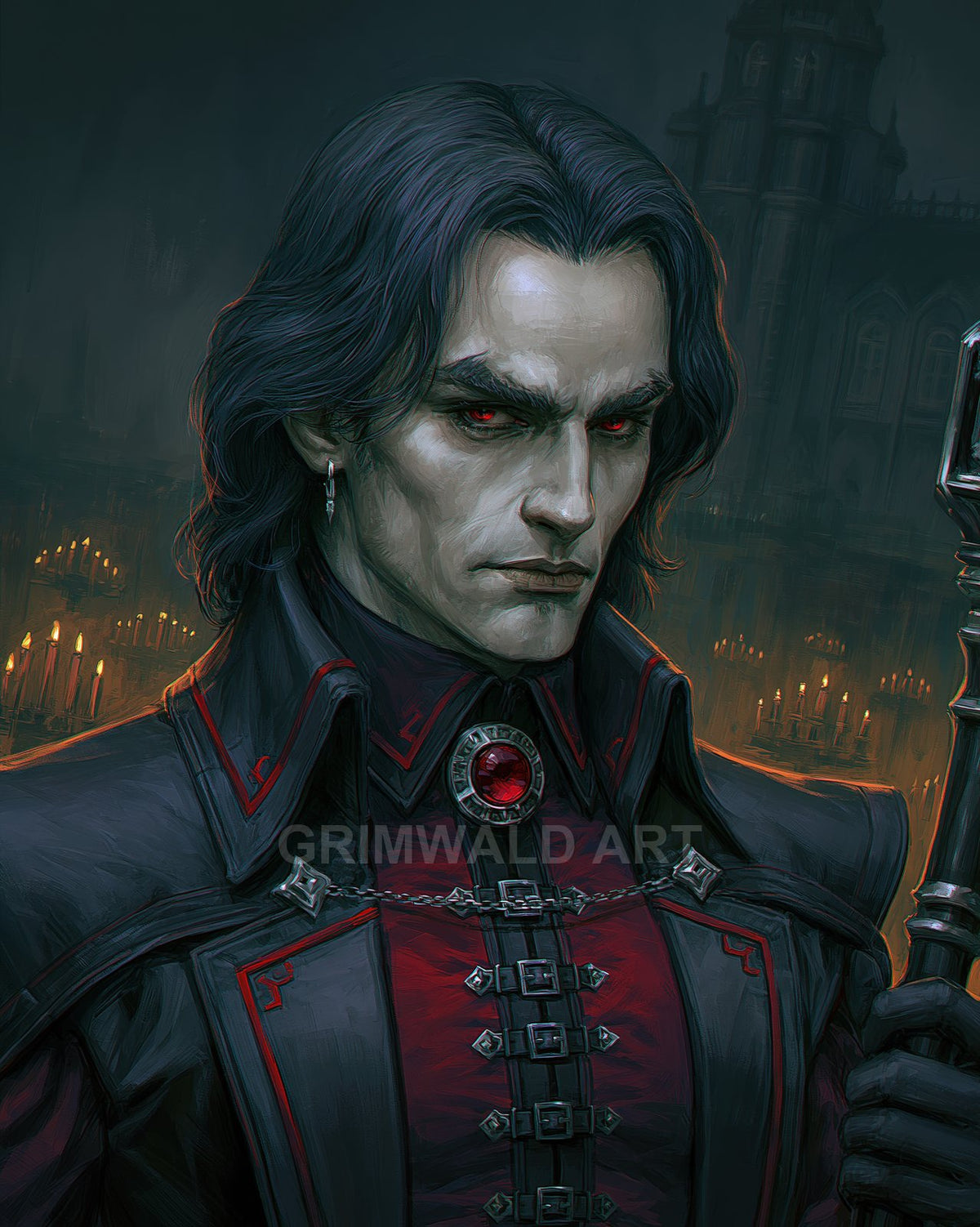 Pale, red-eyed vampire warlock in ornate black and crimson attire holds a staff before a candlelit gothic cathedral interior at night.