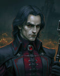 GRID THUMBNAIL — Pale, red-eyed vampire warlock in ornate black and crimson attire holds a staff before a candlelit gothic cathedral interior at night.