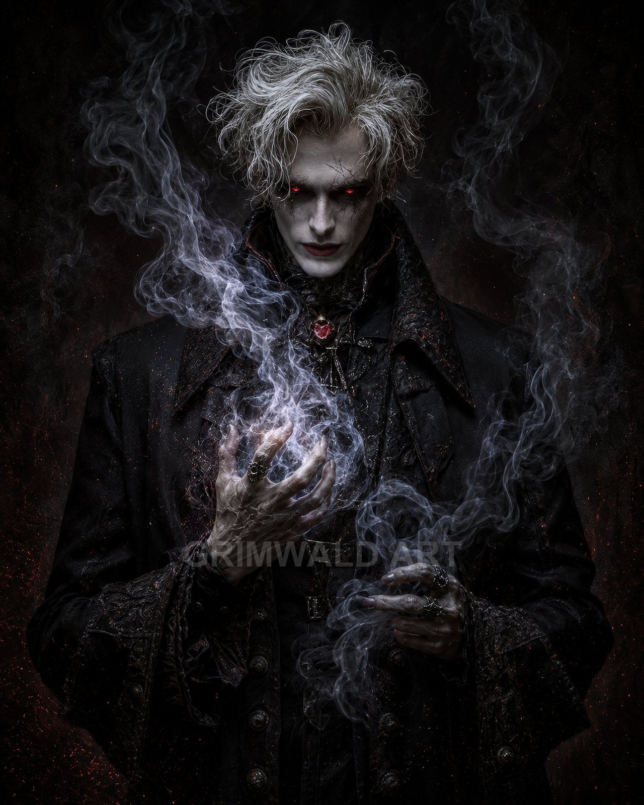Pale male vampire with white hair and red glowing eyes conjuring swirling smoke in gloved hands, wearing ornate black coat and red pendant.