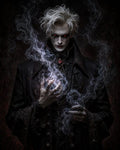 GRID THUMBNAIL — Pale male vampire with white hair and red glowing eyes conjuring swirling smoke in gloved hands, wearing ornate black coat and red pendant.