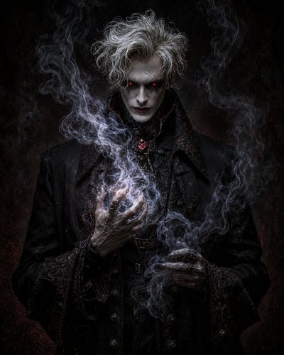 GRID THUMBNAIL — Pale male vampire with white hair and red glowing eyes conjuring swirling smoke in gloved hands, wearing ornate black coat and red pendant.