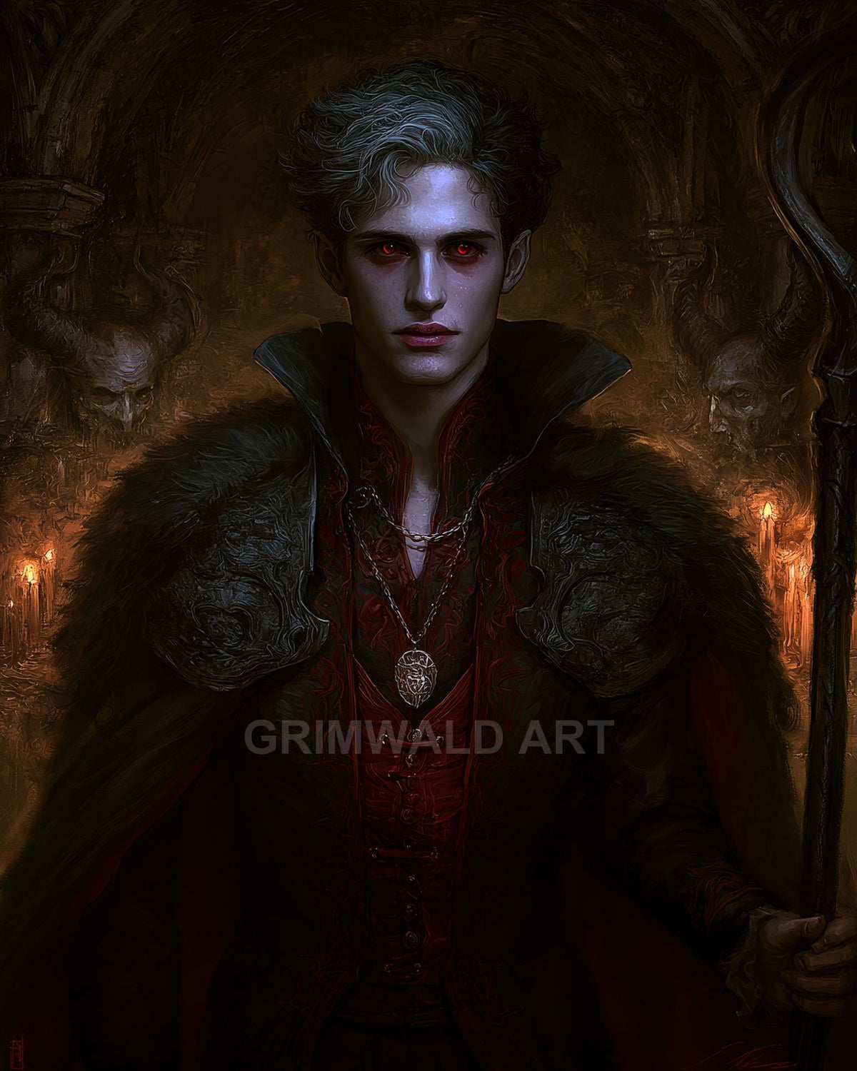 Candlelit portrait of a pale, red-eyed vampire warlock in ornate dark cloak holding a staff, standing in a crypt with horned skull reliefs and candles.