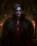 GRID THUMBNAIL — Candlelit portrait of a pale, red-eyed vampire warlock in ornate dark cloak holding a staff, standing in a crypt with horned skull reliefs and candles.