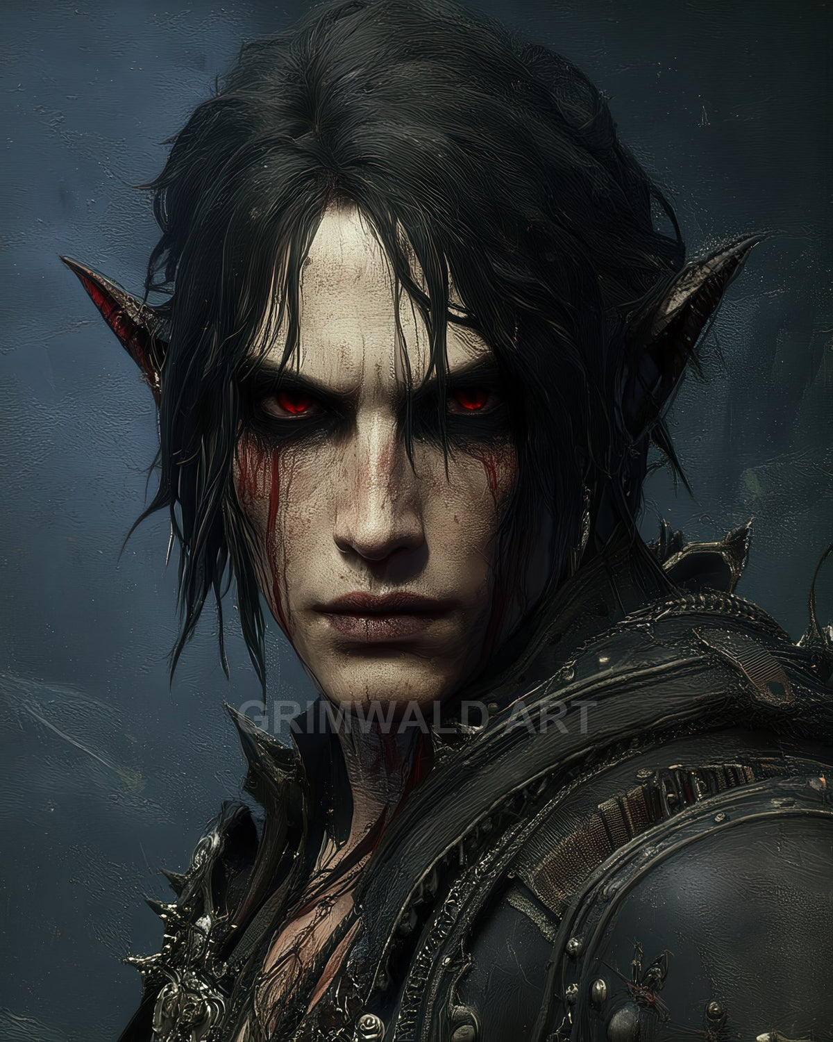 Close-up portrait of a pale, red-eyed vampire in spiked black armour, pointed ears and dark hair, against a moody grey background.