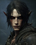 GRID THUMBNAIL — Close-up portrait of a pale, red-eyed vampire in spiked black armour, pointed ears and dark hair, against a moody grey background.