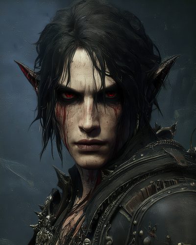 GRID THUMBNAIL — Close-up portrait of a pale, red-eyed vampire in spiked black armour, pointed ears and dark hair, against a moody grey background.
