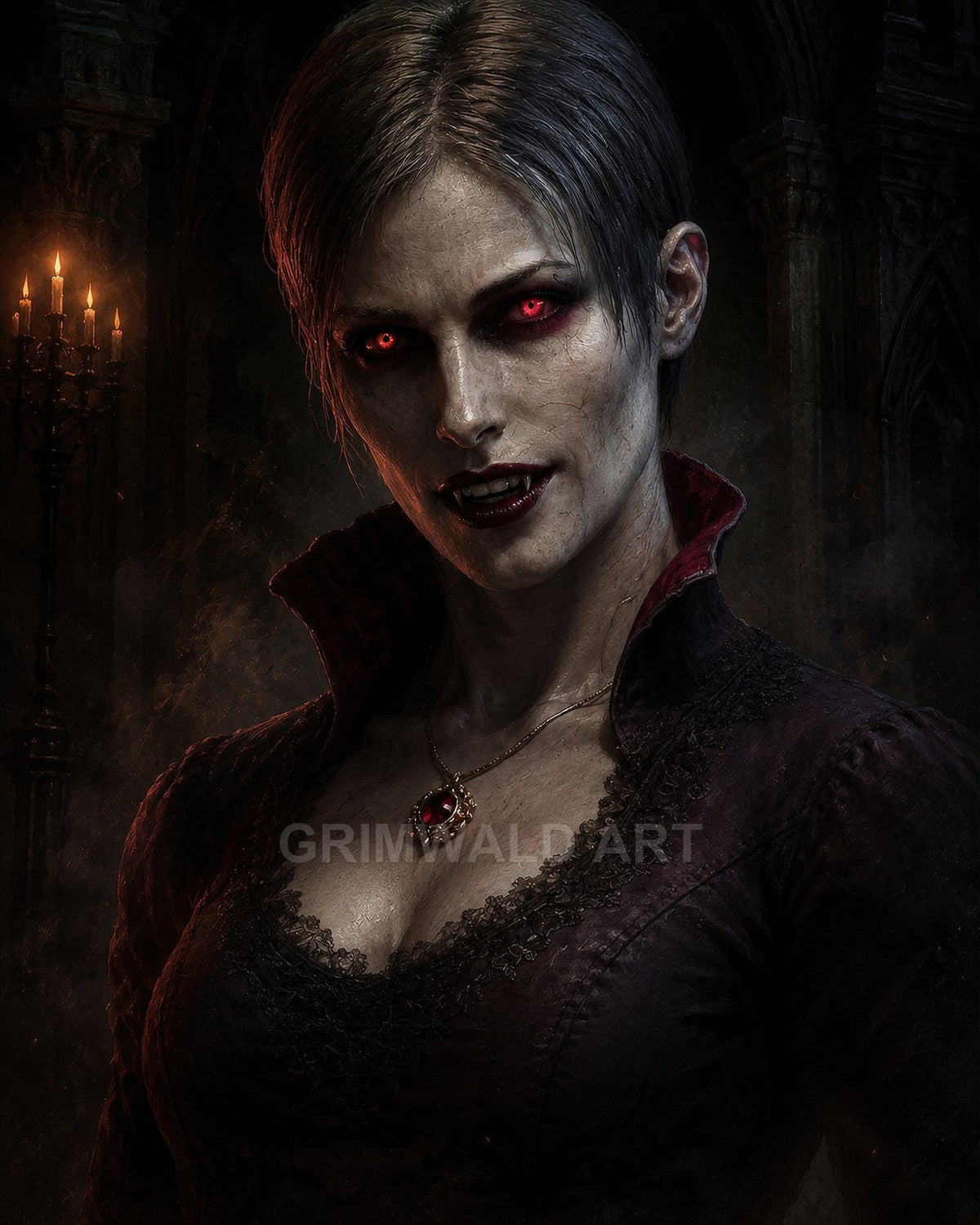 A pale female vampire with glowing red eyes and fangs in a dark gothic cathedral, wearing a lace dress and a ruby pendant.