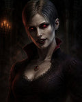 GRID THUMBNAIL — A pale female vampire with glowing red eyes and fangs in a dark gothic cathedral, wearing a lace dress and a ruby pendant.