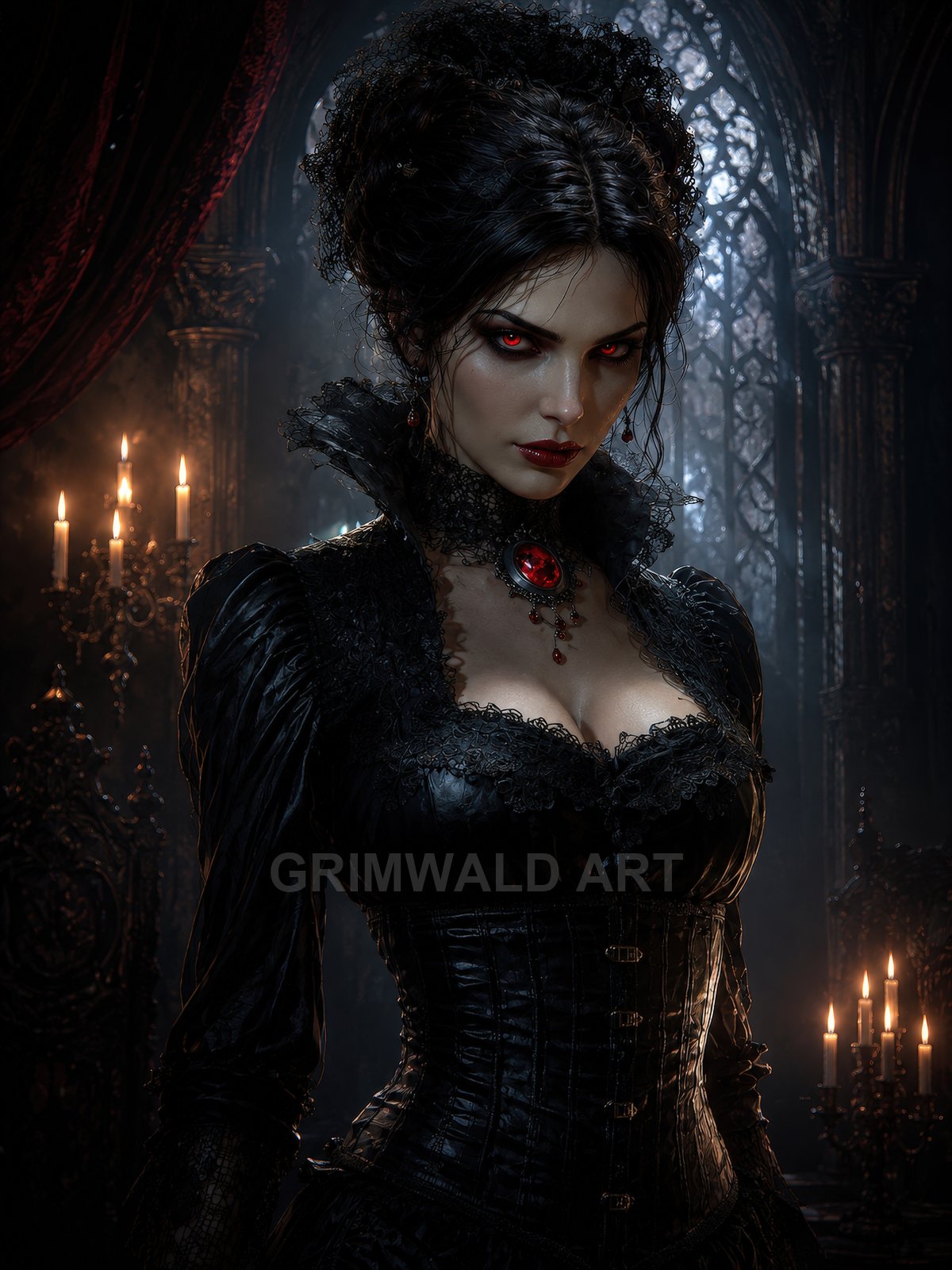 A pale, red-eyed vampiress in black lace and corset stands in a candlelit gothic cathedral interior, wearing a crimson pendant and dark, elaborate hairstyle.