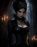GRID THUMBNAIL — A pale, red-eyed vampiress in black lace and corset stands in a candlelit gothic cathedral interior, wearing a crimson pendant and dark, elaborate hairstyle.