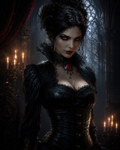 GRID THUMBNAIL — A pale, red-eyed vampiress in black lace and corset stands in a candlelit gothic cathedral interior, wearing a crimson pendant and dark, elaborate hairstyle.