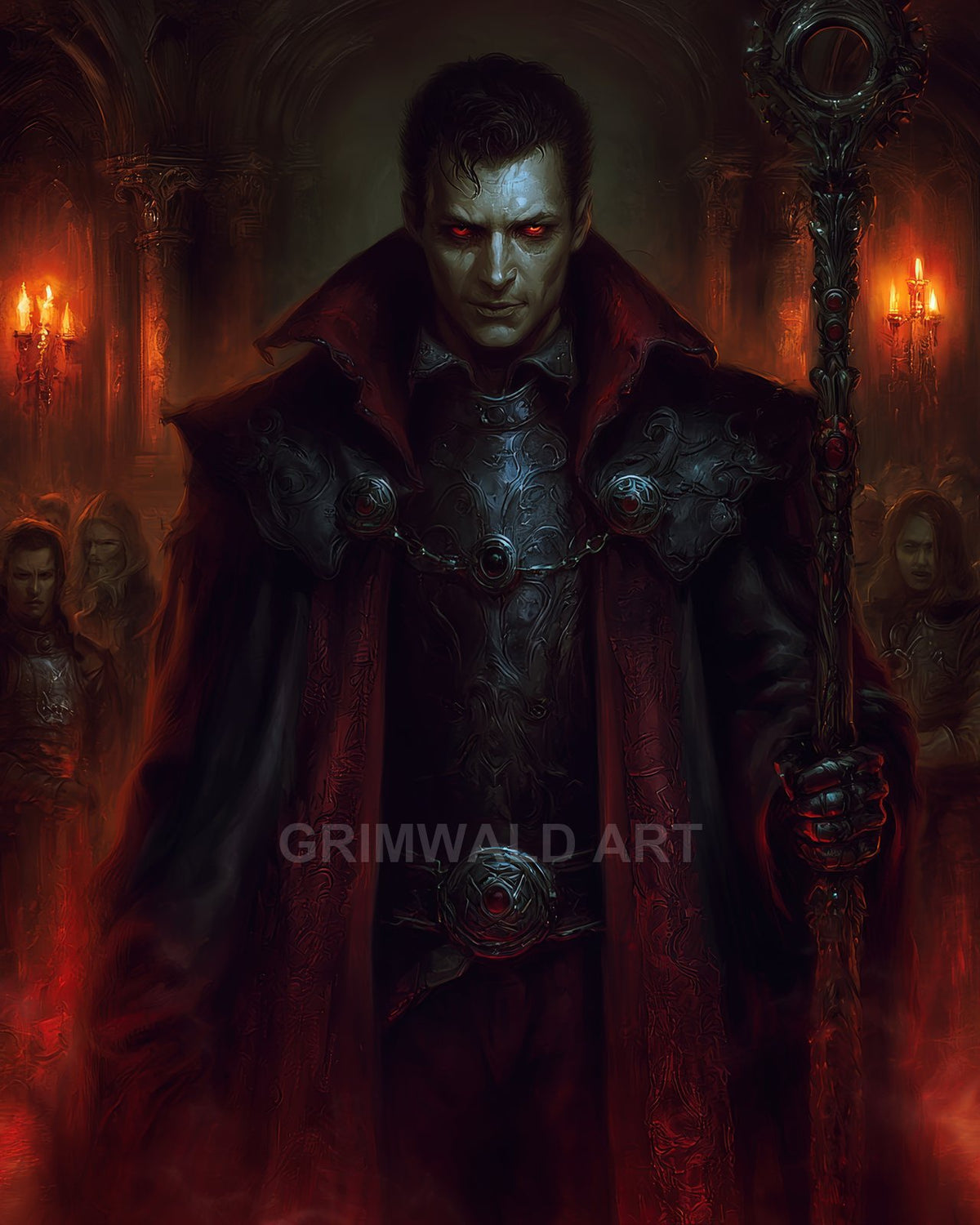 A red-eyed male warlock in ornate black armour and crimson cloak holds a staff amid a firelit gothic cathedral with shadowed followers.