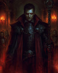 GRID THUMBNAIL — A red-eyed male warlock in ornate black armour and crimson cloak holds a staff amid a firelit gothic cathedral with shadowed followers.