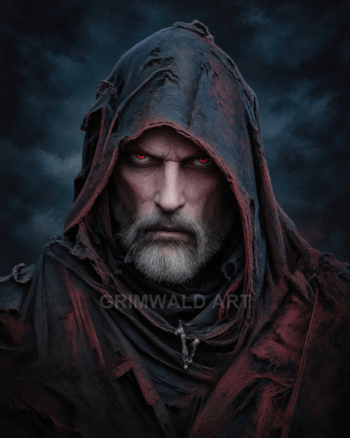 Dark fantasy portrait of a hooded, bearded man with glowing red eyes and tattered robes against a stormy night sky, intense and brooding.