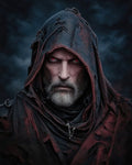 GRID THUMBNAIL — Dark fantasy portrait of a hooded, bearded man with glowing red eyes and tattered robes against a stormy night sky, intense and brooding.