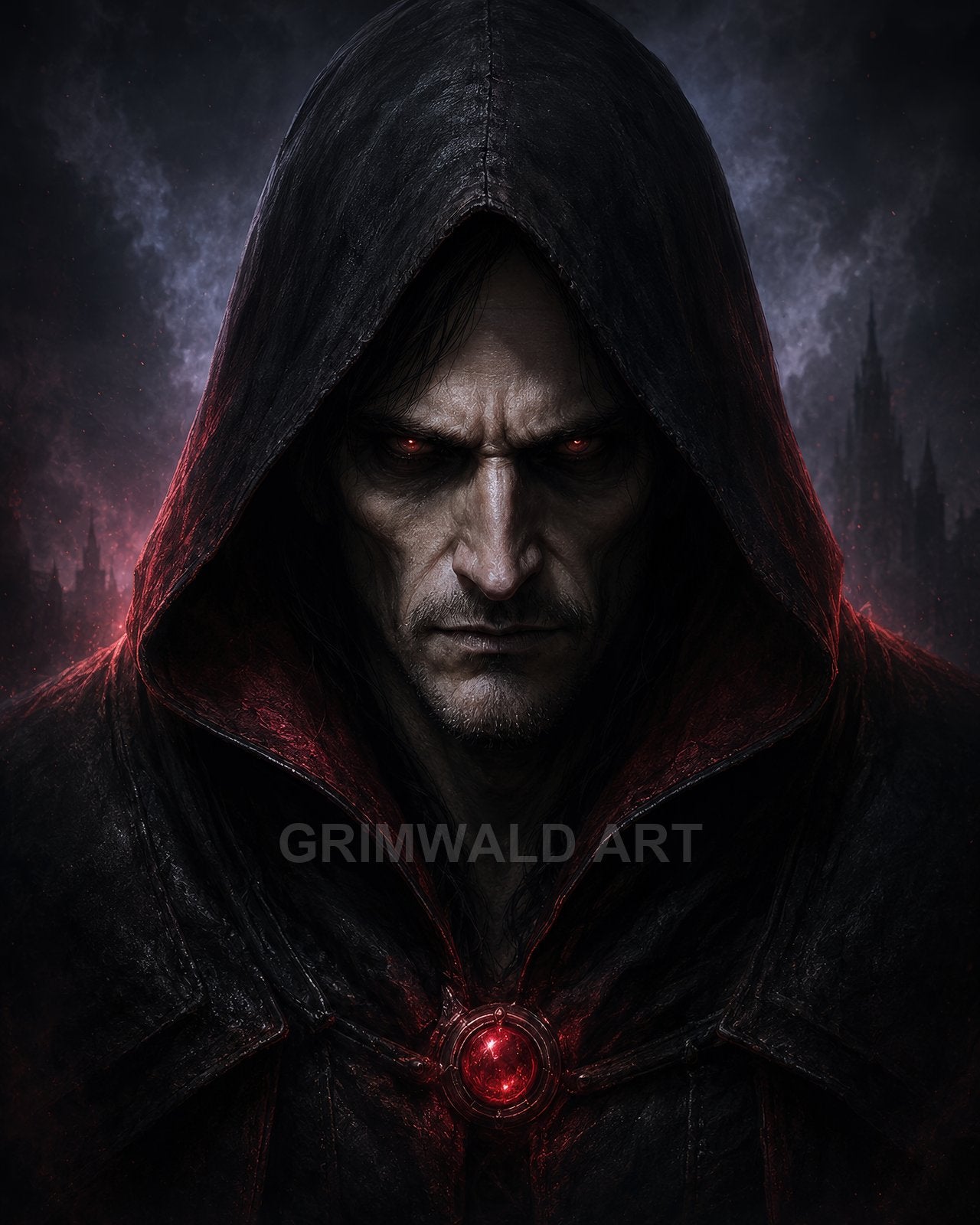 Close-up portrait of a hooded male warlock with glowing red eyes and a crimson amulet, against a dark, gothic castle backdrop at night.