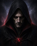 GRID THUMBNAIL — Close-up portrait of a hooded male warlock with glowing red eyes and a crimson amulet, against a dark, gothic castle backdrop at night.