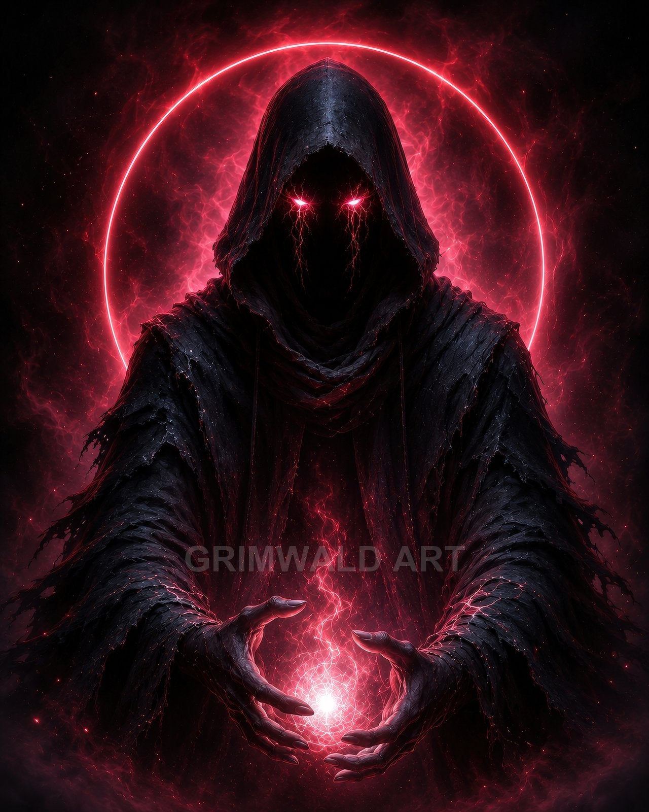 A hooded dark figure with glowing crimson eyes conjures a crackling red energy orb, framed by a fiery halo against a smoky black background.