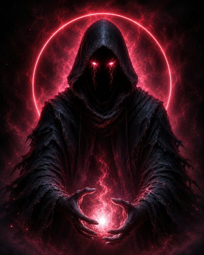 GRID THUMBNAIL — A hooded dark figure with glowing crimson eyes conjures a crackling red energy orb, framed by a fiery halo against a smoky black background.