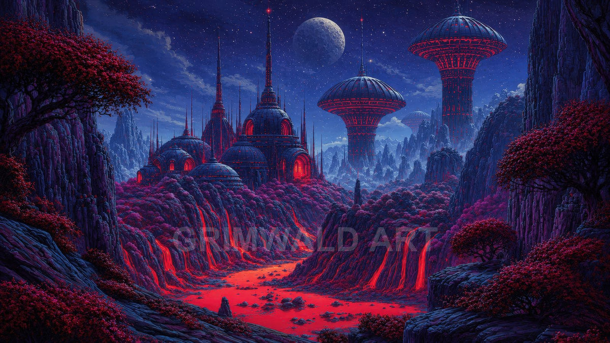 Alien city of domes and towering spires under a starry night sky, with crimson lava rivers and waterfalls winding through jagged purple mountains.