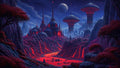 GRID THUMBNAIL — Alien city of domes and towering spires under a starry night sky, with crimson lava rivers and waterfalls winding through jagged purple mountains.