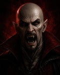 GRID THUMBNAIL — Snarling bald vampire with red eyes and long fangs in a high-collared red cloak, dramatic dark portrait against a blood-red backdrop.