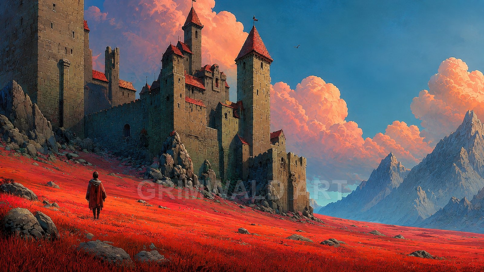 A lone cloaked figure walks across a red grass plain toward a tall stone castle, with mountains and glowing clouds under golden-hour light.