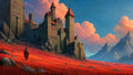 GRID THUMBNAIL — A lone cloaked figure walks across a red grass plain toward a tall stone castle, with mountains and glowing clouds under golden-hour light.
