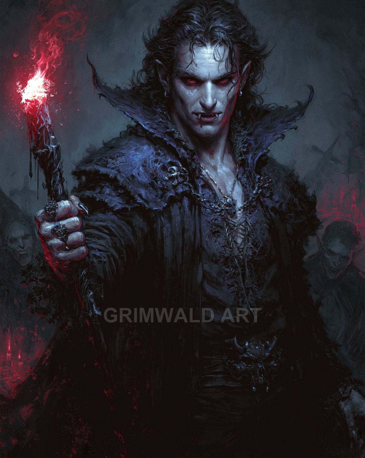 Pale male vampire with red eyes holds a flaming wand, wearing dark ornate cloak, with shadowy undead figures looming in a crypt-like darkness.