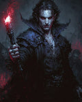 GRID THUMBNAIL — Pale male vampire with red eyes holds a flaming wand, wearing dark ornate cloak, with shadowy undead figures looming in a crypt-like darkness.