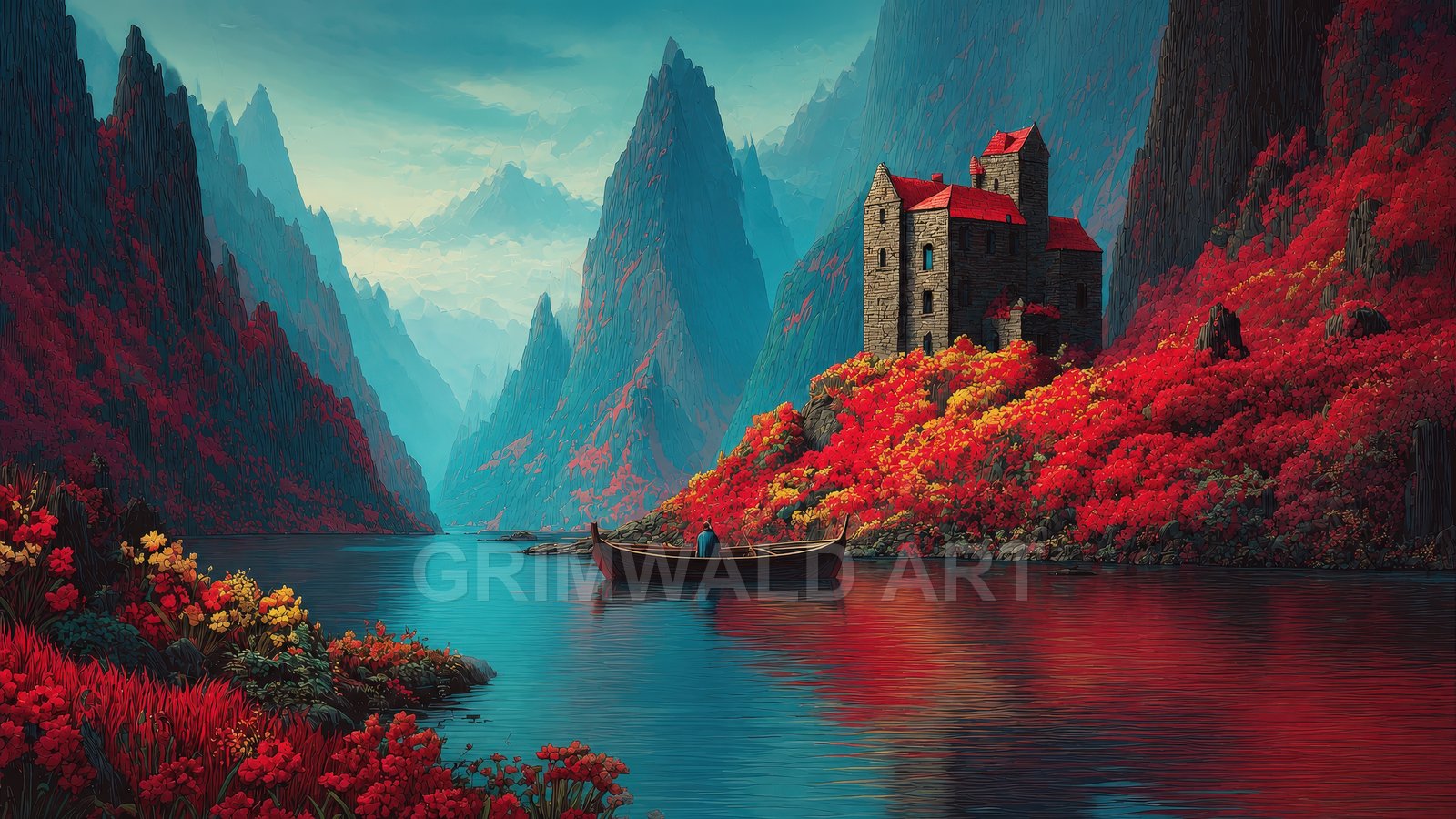 Stone castle with red roofs on a crimson-forested slope beside a calm mountain lake, jagged peaks and a lone rowboat under clear daylight.