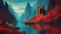 GRID THUMBNAIL — Stone castle with red roofs on a crimson-forested slope beside a calm mountain lake, jagged peaks and a lone rowboat under clear daylight.