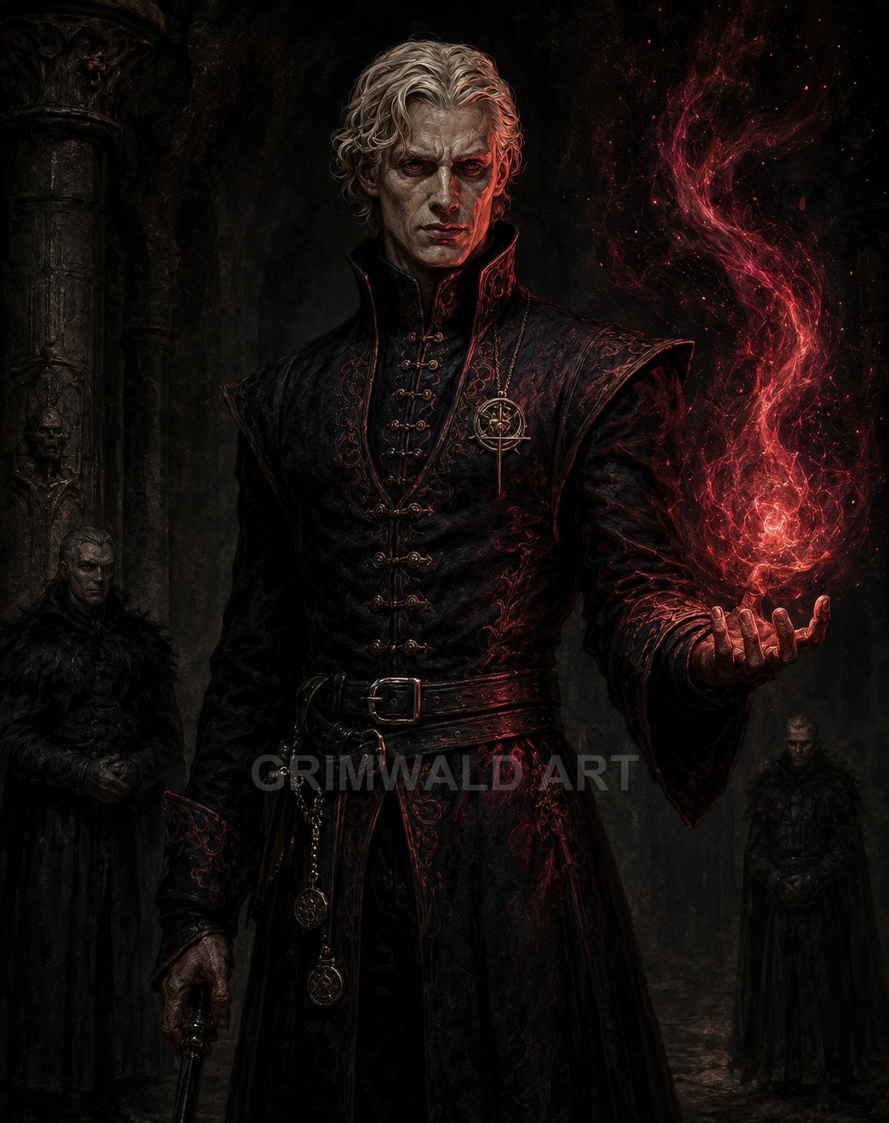 A pale, stern man in ornate dark robes conjures a swirling red flame in a shadowy gothic crypt, flanked by silent robed attendants.