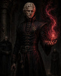 GRID THUMBNAIL — A pale, stern man in ornate dark robes conjures a swirling red flame in a shadowy gothic crypt, flanked by silent robed attendants.