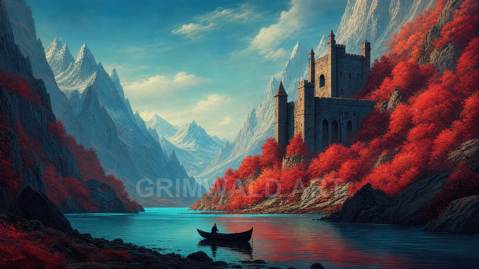 Stone castle rises above a turquoise mountain lake amid vivid red autumn trees, with snowy peaks and a lone rowboat under clear blue daylight.