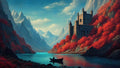 GRID THUMBNAIL — Stone castle rises above a turquoise mountain lake amid vivid red autumn trees, with snowy peaks and a lone rowboat under clear blue daylight.