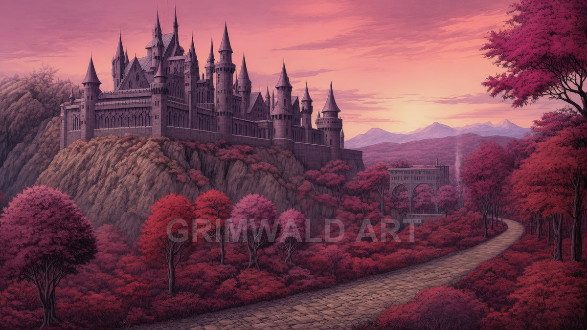 Grand stone castle with many spires above a crimson forest, a winding road and distant mountains beneath a pink sunset sky.