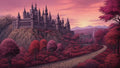 GRID THUMBNAIL — Grand stone castle with many spires above a crimson forest, a winding road and distant mountains beneath a pink sunset sky.