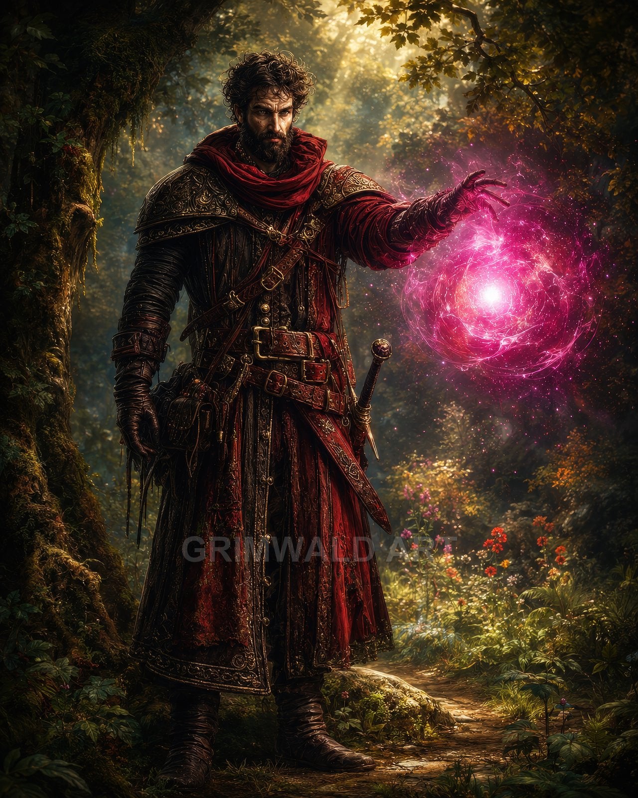 Bearded mage in ornate red robes conjures a glowing pink magical orb in a sunlit forest clearing, with a sword sheathed at his hip.
